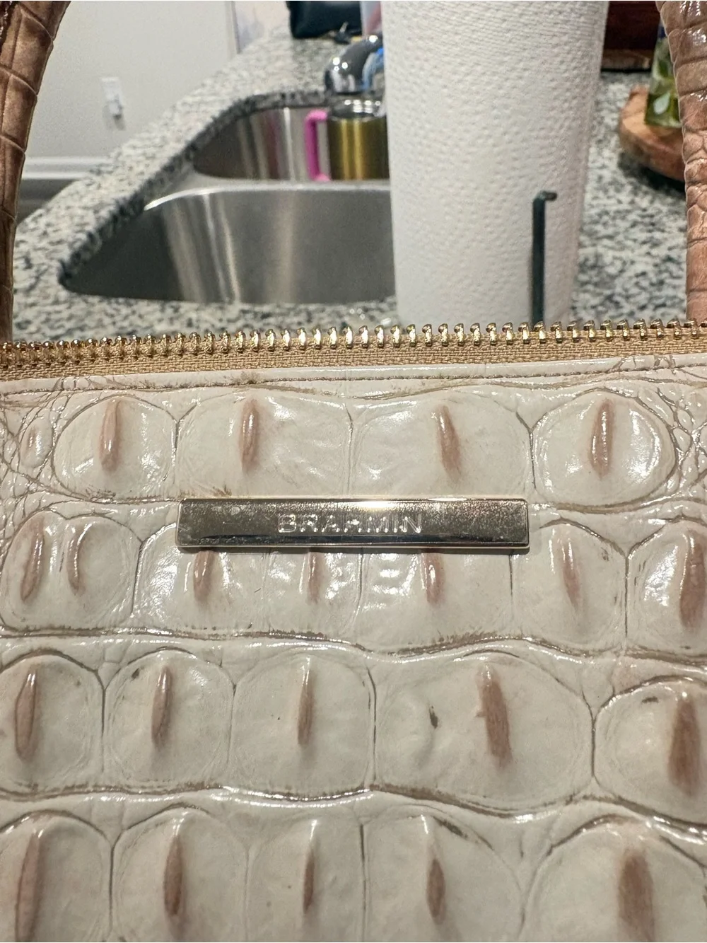 Brahmin Tan and Cream Croc-Embossed Satchel with Detachable Strap